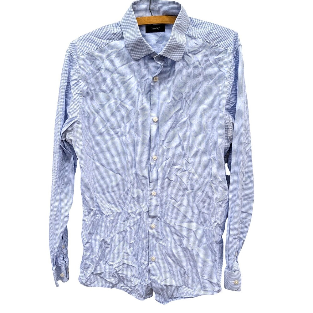 Theory Mens Blue White Gingham Dover Spr Bartlett Cotton Button Down Shirt- 16 R